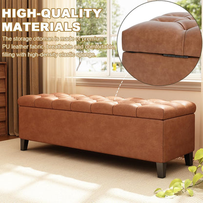 PU Storage Ottoman Bench - Leather Storage Bench End of Bed with Safety Hinges, Tufted Ottoman for Living, Dining Room, Entryway and Hallway, Brown