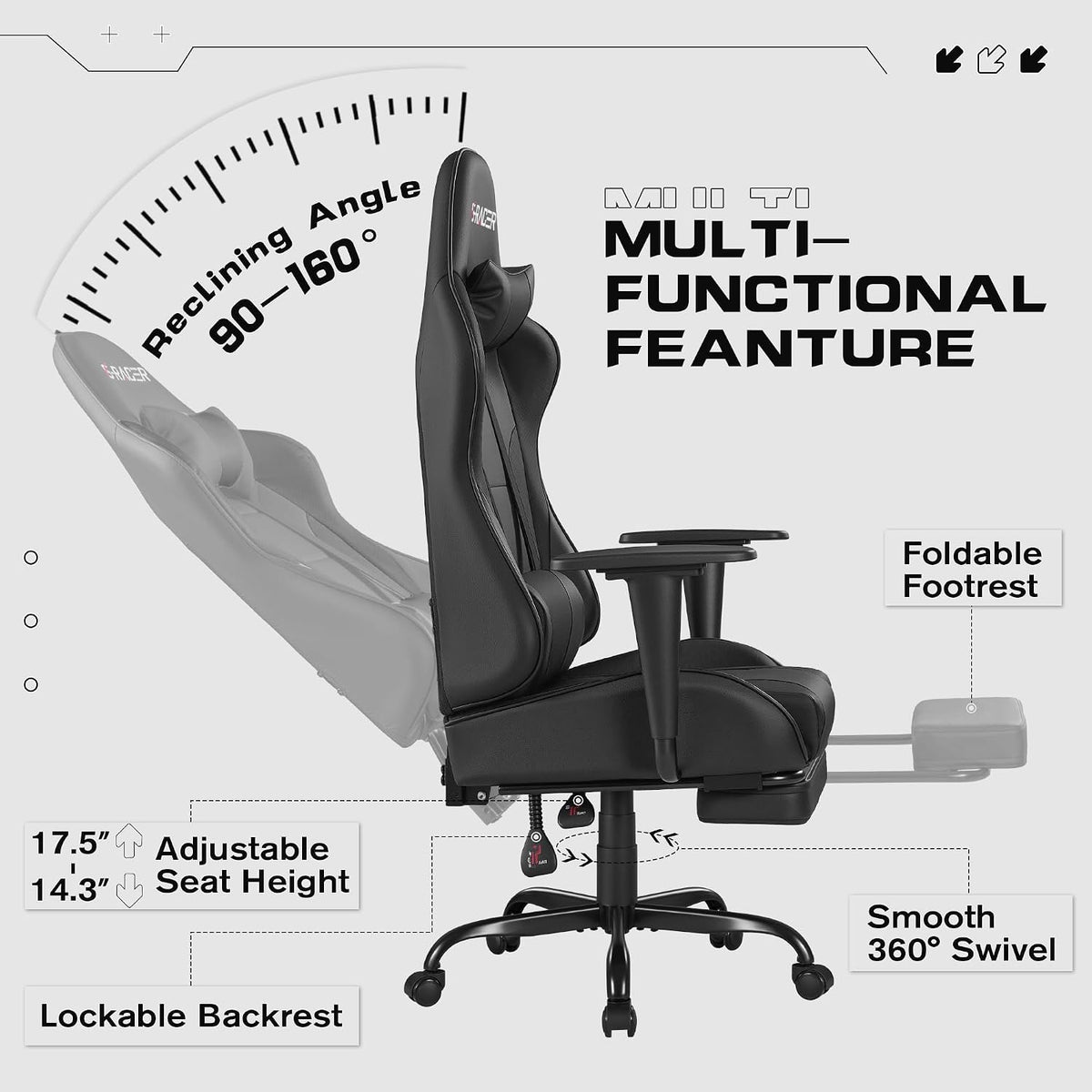 Homall Gaming Chairs, Computer Chair with Footrest and Massage Lumbar Support, Height Adjustable Game Chair with Headrest and Swivel Seat (Black)