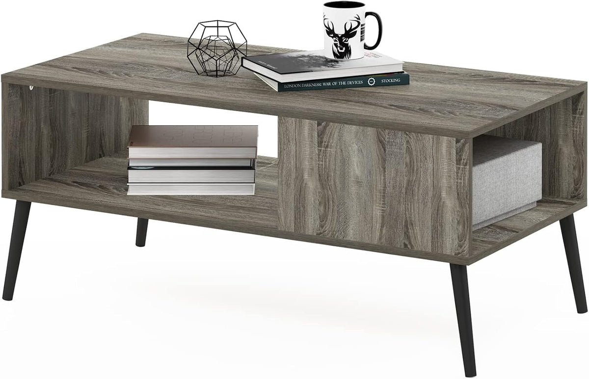 Furinno Claude Mid Century Style Coffee Table with Wood Legs, French Oak Grey Large Non-Lift Top