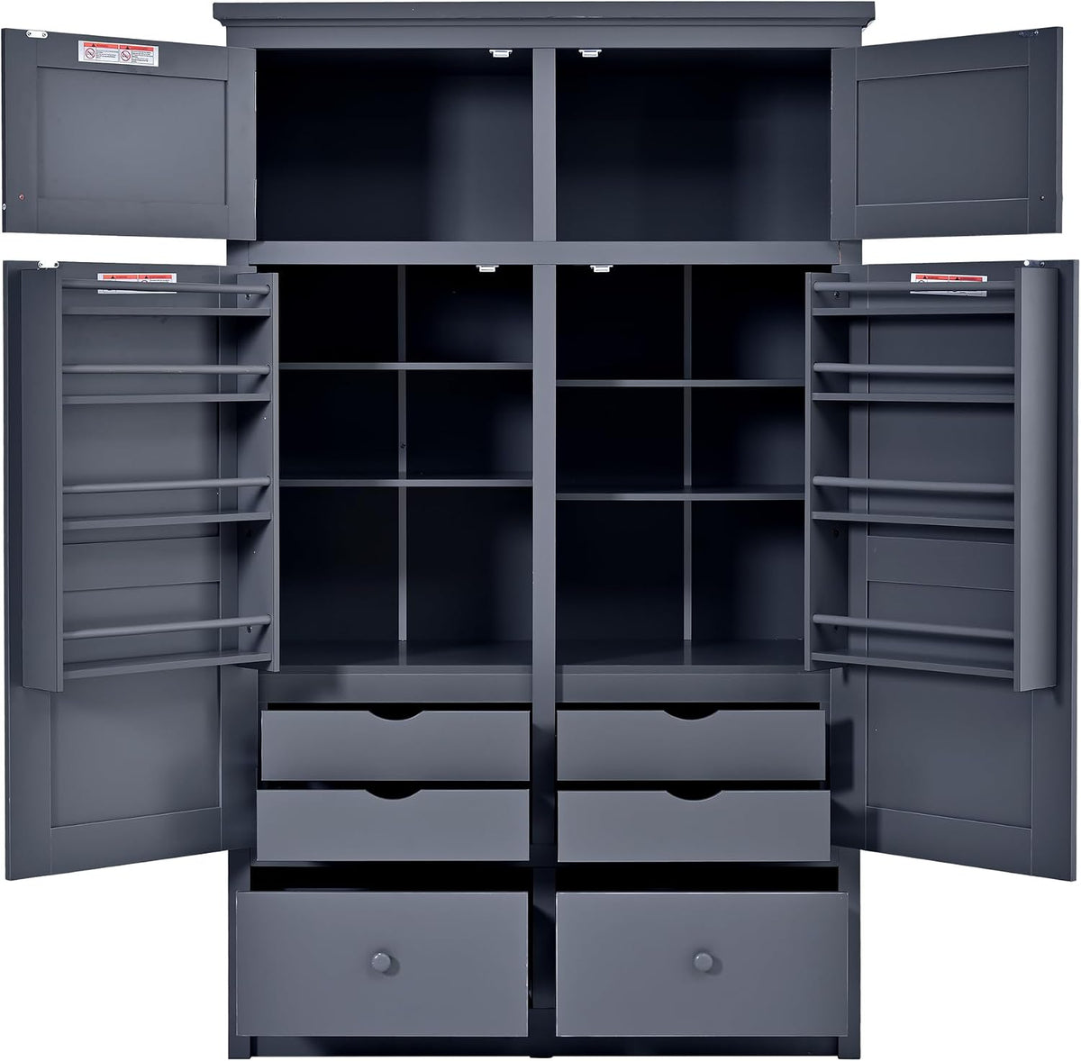 Tall Kitchen Pantry Cabinet with Adjustable Shelves, Freestanding Large Cupboard with 8 Door Shelves, 4 Pull-Out Trays, 6 Drawers for Kitchen, Dining Room (Grey)