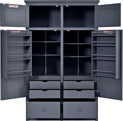 Tall Kitchen Pantry Cabinet with Adjustable Shelves, Freestanding Large Cupboard with 8 Door Shelves, 4 Pull-Out Trays, 6 Drawers for Kitchen, Dining Room (Grey)