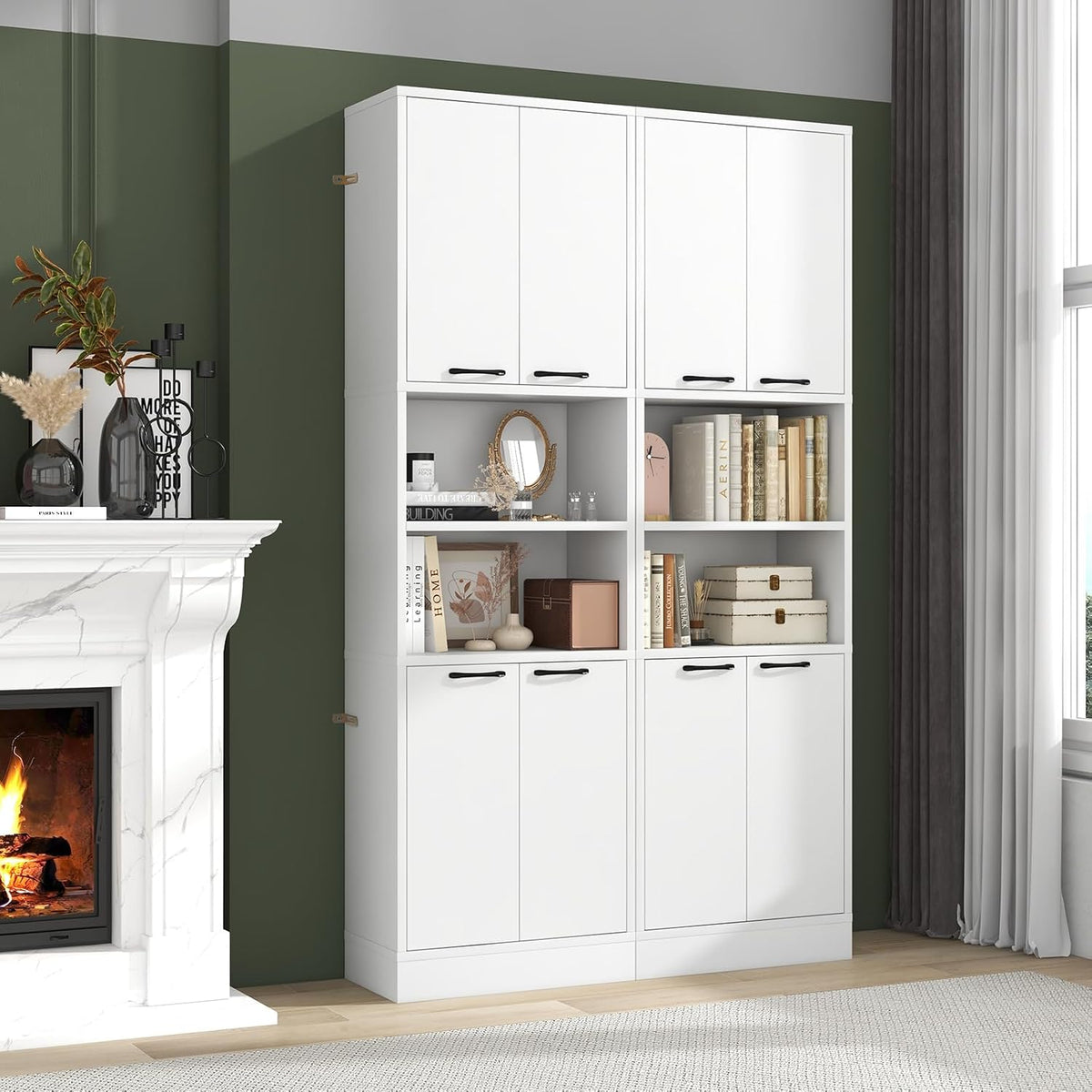 Kitchen Pantry Cabinet, Dining Room Cupboard with 4 Doors & 2 Open Countertop, 4 Anti-Tipping Devices, 75” Tall Bathroom Storage Cabinets (White)