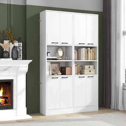 Kitchen Pantry Cabinet, Dining Room Cupboard with 4 Doors & 2 Open Countertop, 4 Anti-Tipping Devices, 75” Tall Bathroom Storage Cabinets (White)