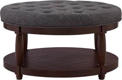 RENSGO 32.5" Large Round Upholstered Tufted Linen Ottoman Coffee Table, Large Footrest Ottoman with Wood Shelf Storage- Dark Grey