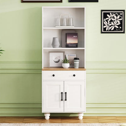 Farmhouse Kitchen Pantry Cabinet, 63'' Tall Storage Cabinet Wood Food Pantry with 2 Drawers & Adjustable Shelves, Kitchen Hutch Bookshelf for Dining Room (White)