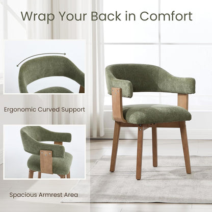 ROCITY Green Dining Chairs Set of 6 Upholstered Dining Room Chairs, Mid Century Modern Kitchen Chairs with Curved Backrest and Wooden Legs for Dining,Living Room