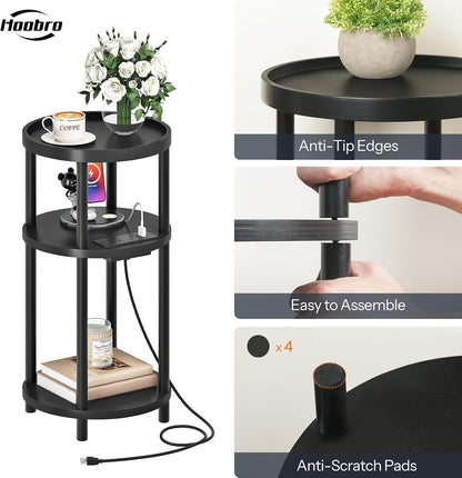 HOOBRO Small Round Side Table with Charging Station, 3-Tier Round Bamboo End Table, Compact Sofa Bedside Table for Small Space, Easy Assembly, for Living Room, Bedroom, Apartment, Black BB152UBZ01