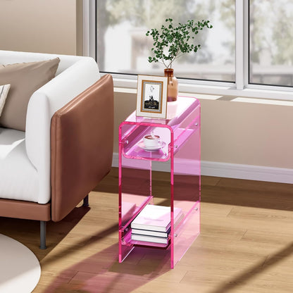 Clear Acrylic Side Table, Narrow Nightstand Bedside Table for Bedroom, Skinny Small End Table (Pink, 8.7'' x 15.7'' x 21.7")