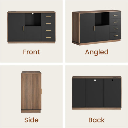 ModernMate 5 Drawer File Cabinet with Charging Station, Storage Cabinet with Door & Adjustable Shelves, Printer Stand with Open Shelf for Home Office, Fits A4/Letter Size, Black Walnut