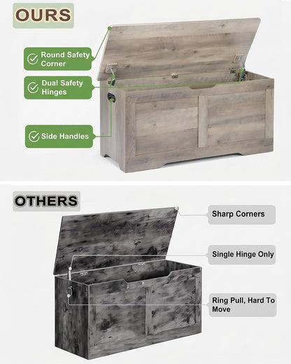 Timberer 39.4" Storage Chest, Storage Trunk with 2 Safety Hinges, Wooden Storage Bench, Shoe Bench, Entryway Bench for Living Room, Bedroom, Grey