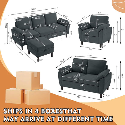 4 Piece Convertible Sectional Sofa Set, Modern Linen Small L Shaped Couch with Reversible Chaise, 3-Seater Sofa & Loveseat & Armchair for Living Room, Office, Apartment, Dark Grey
