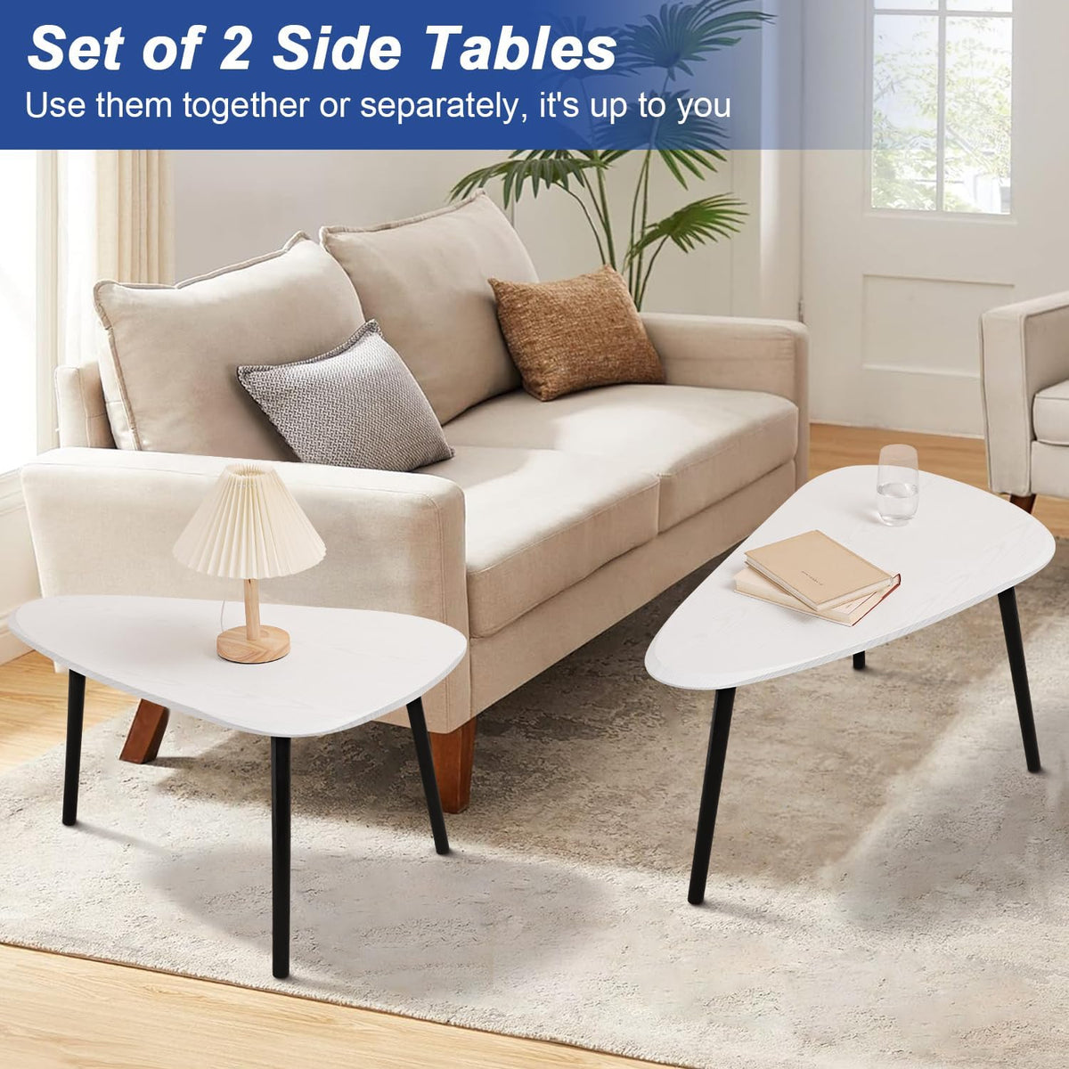 Nesting Triangle Coffee Table End Tables Set of 2 for Living Room Bedroom, Industrial Small Stacking Side Tables for Couch, White