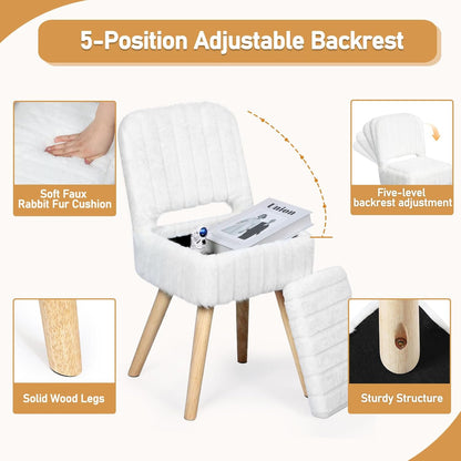 Vanity Stool with Storage & Folding Backrest,Faux Rabbit Fur Small Makeup Chair with 4 Solid Wood Legs,11.4" D x 14.9" W x 28.7" H,Soft Ottoman for Living Room,Bedroom,Closet,White