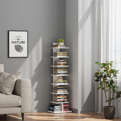 TUTOTAK Narrow Bookshelf, 8-Tier Bookcase, Spine Book Shelf for Small Space, Corner Standing Shelf for Living Room, Office, Study, Entryway, White BS06BW008