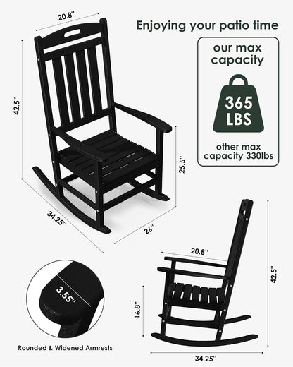 Outdoor Rocking Chair, All-Weather Resistant Poly Lumber Rocker Chair Outdoor, High Back Plastic Patio Rocking Chairs for Outside Porch Rocker Garden Lawn, Black