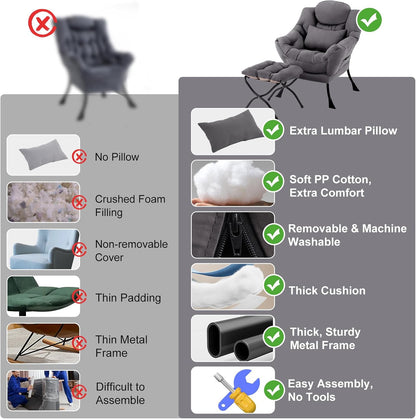Lazy Chair with Ottoman, Comfy Chair with Pillow，Dark Grey