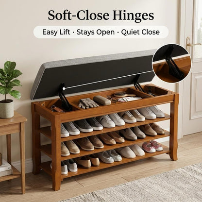SolidWood Entryway Shoe Rack Storage Bench, Flip-Top Soft-Close Lid, 39.4'' | 550 lbs Max Load, Adjustable Shelves, Cushioned Entryway Shoe Organizer for Closet, Hallway, Foyer