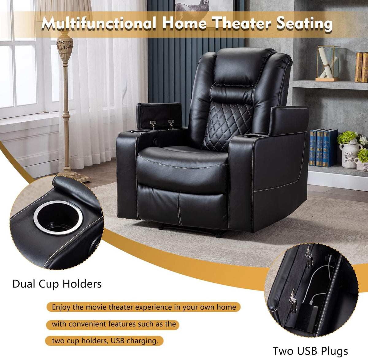 CANMOV Electric Power Recliner Chair with USB Ports and Cup Holders, Breathable Leather Home Theater Seating with Hidden Arm Storage (Black)
