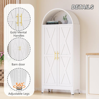 Winiowa Metal Arched Kitchen Pantry Cabinet, 73" Tall Arched Storage Cabinet with 2 Doors & 4 Shelves, Modern Farmhouse Kitchen Storage Cabinets, White