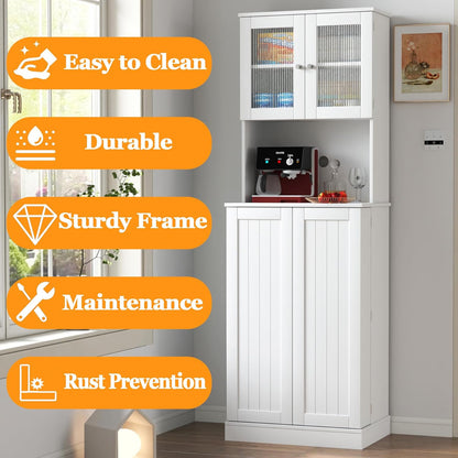 HRVEOCEI Tall Pantry Cabinet with Doors and Adjustable Shelves, 71'' Freestanding Kitchen Cabinet Storage with Microwave Stand, White Food Pantry Cabinet & Cupboard for Kitchen, Dining Room, Wood