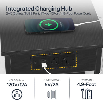 HOOBRO Narrow End Table with Charging Station & LED Lights, Slim Nightstand with 2 Fabric Drawers and Open Shelves, Narrow Side Table for Living Room, Bedroom, Black BB430UDBZ01