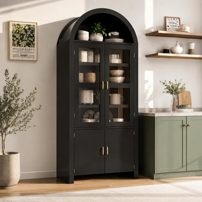 71" Tall Arched Kitchen Pantry Cabinet, Modern Farmhouse Wood Kitchens Storage Cabinets, Cupboard for Dining Room, Kitchen, Bathroom, Black