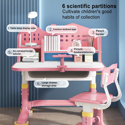 Kids Desk and Chair Set, Height Adjustable Kids Desk with Storage Drawers and Bookshelf, Ergonomic Table for Kid (Pink)