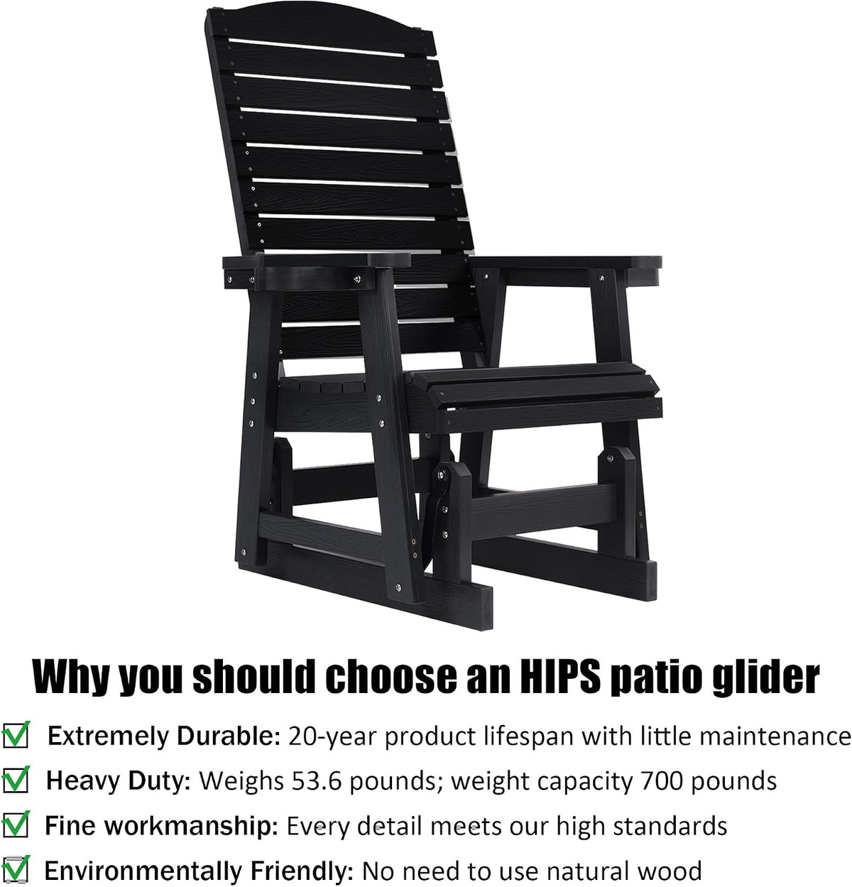 Poly Lumber Patio Glider for One Person, with Cup Holders, High Backrest and Deep Contoured Seat, HIPS Material, All-Weather Resistant, Heavy Duty 700 Pounds (Black)