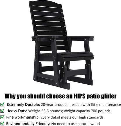 Poly Lumber Patio Glider for One Person, with Cup Holders, High Backrest and Deep Contoured Seat, HIPS Material, All-Weather Resistant, Heavy Duty 700 Pounds (Black)