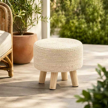 Wimarsbon Round Foot Stool Natural Seagrass Poufs Ottoman Hand Weave Footrest Stool for Couch Desk Extra Seat Step Stool with Solid Wood Legs for Hallway Patio Lounge Natural
