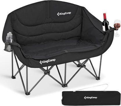 KingCamp Double Camping Chair, Heavy Duty 660lbs Folding 2 Person Chair | Portable Loveseat Couch Padded Comfortable Two Seat with Cup Holder&Carry Bag for Outdoor Lawn Backyard, Black