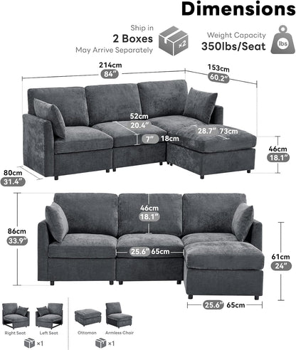 Iroomy Sectional Couch for Living Room, Comfy L Shaped Convertible Sofa, 4 Seater Modern Chenille Sofa with Ottoman, Grey