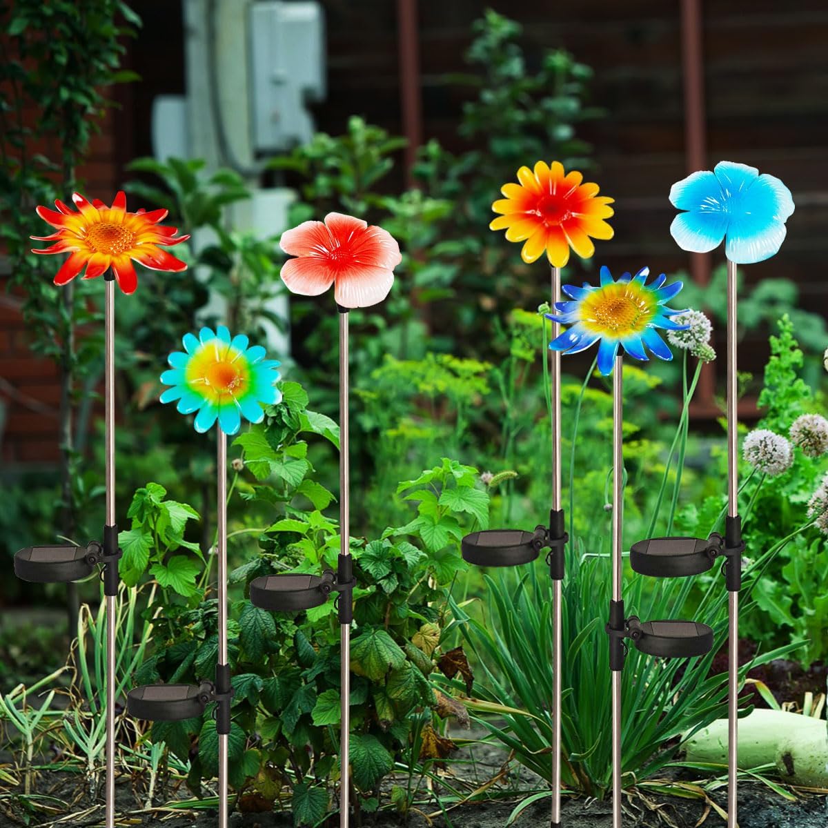 EiGreen 6 Pack Solar Garden Lights Outdoor Decor,Stake Yard Figurine Colorful Flower Light, Housewarming Ornament for Patio, Lawn, Yard, Pathway (Art Deco)