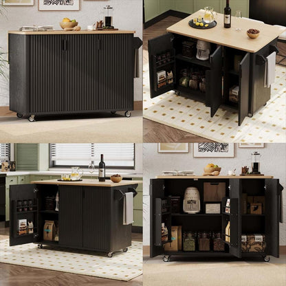 Kitchen Island Small with Drop Leaf Countertop with Storage and Dining Table, Kitchen Island Table with Wheels Towel Rack， for Kitchen, Dining Room, Black
