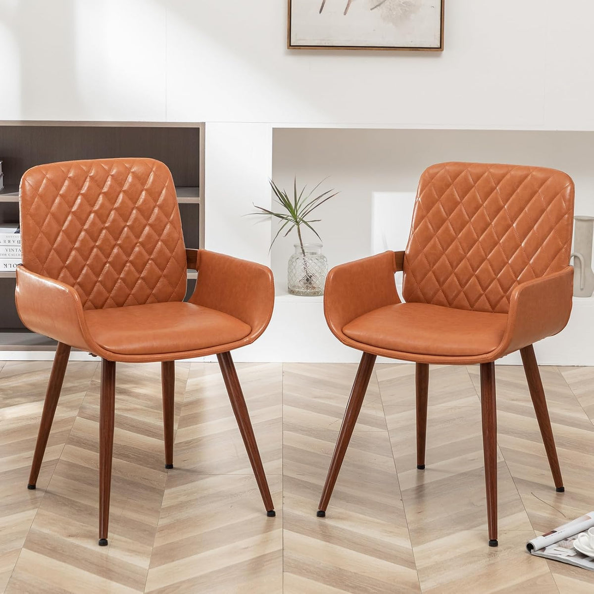 LUNLING Mid Century Modern Dining Room Chairs Set of 2 Accent Faux Leather Kitchen Chair Bentwood Frame with Armrest,Upholstered Seat,Metal Legs Chairs,Adjustable Foot for Kitchen Dining Desk(Orange)