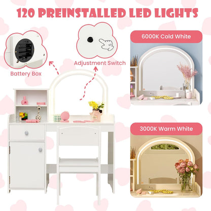 INFANS Kids Vanity, Princess Makeup Desk and Chair Set with Lights Mirror Drawer Storage Shelves, Wooden Dressing Table, Pretend Play Vanity Set for Girls