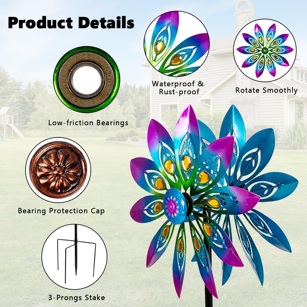 Metal Wind Spinner,13” Wind Spinners Outdoor,Peacock Windmill with Stake,Kinetic Wind Spinners for Yard and Garden,Multi-Color Pinwheels Yard Wind Sculptures,Waterproof Spinner for Patio Lawn