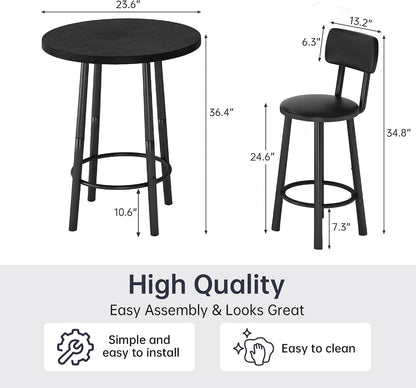 Recaceik 3‑Piece Pub Dining Set, Counter Height Modern Round Bar Table with Wood Top, Pub Table and Stools for 2, Easy Assemble Bistro Set for Breakfast Nook, Living Room, Small Space Restaurant