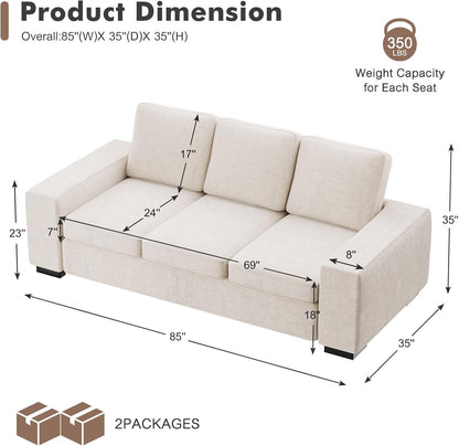 ELUCHANG 85" Modern Couches for Living Room, Natural Linen 3 Seat Sofa, Comfy Deep Seat Sofa, Spring Cushions, Removable Cover, Solid Wood Frame, Easy Assembly Loveseat for Small Space,Apartment,Beige