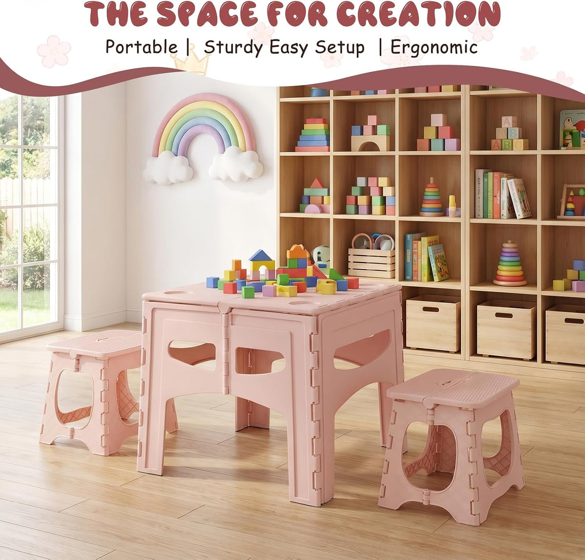Portable Folding Kids Table & Chairs Set, Indoor/Outdoor Toddler Desk | Foldable & Portable, Indoor &Outdoor Applicable, Built to Last, Easy to Clean, Safe & Ergonomic Design
