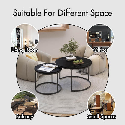Nesting Coffee Table Set of 2, Round Nesting Tables with Marble-Look Top and Metal Frame, Modern Coffee Table Set for Small Spaces, Stackable Side End Tables for Living Room Bedroom etc. (B)