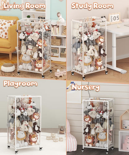 Stuffed Animal Storage Organizer with Wheels, Stuffed Animal Zoo Shelf with Elastic Rope for Nursery, Play Room, Bedroom, Kids Plush Toy Holder for Boys and Girls, White.