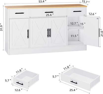 Shintenchi Buffet Cabinet with Storage,53.4" Large Kitchen Storage Cabinet with 3 Drawers and 4 Doors,Wood Farmhouse Buffet Sideboard with Adjustable Shelf for Kitchen Living Room, White