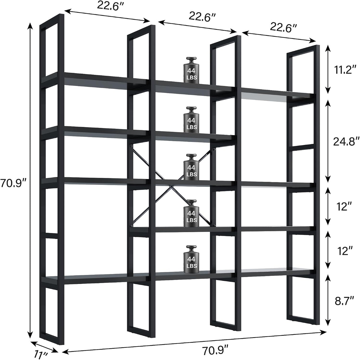 Large Bookshelf 5 Tiers, Triple Wide Geometric Bookcase, 71 Inches Tall Industrial Book Shelves Etagere Book Case, Sturdy Metal Frame, Freestanding Display Shelving Unit (Black)