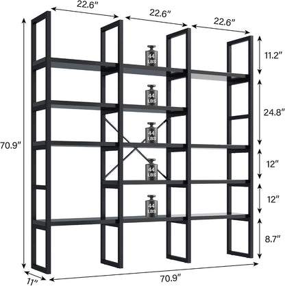 Large Bookshelf 5 Tiers, Triple Wide Geometric Bookcase, 71 Inches Tall Industrial Book Shelves Etagere Book Case, Sturdy Metal Frame, Freestanding Display Shelving Unit (Black)