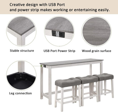 59'' Dining Bar Table and Chairs Set with Power Outlet, 4-Piece Industrial Breakfast Table Set with 3 Padded Stools, Wood Console Table Set for Kitchen Living Room Dining Room, White Grey