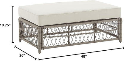 Crosley Furniture Thatcher Wicker Coffee Table and Ottoman Foot Rest for Porch, Deck, Backyard, Driftwood with Creme Cushions