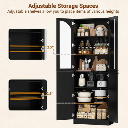Cyclysio 80" Tall Kitchen Pantry, Wide Arch Storage Cabinets with 4 Glass Doors and Adjustable Shelves, Freestanding Wood Floor Cupboard with Seamless Fit Wall for Living Room, Dining Room