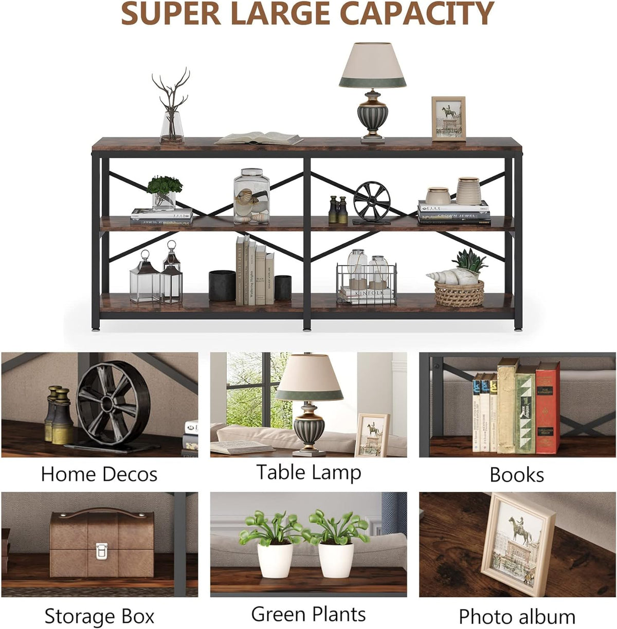 Tribesigns 70.9 Inch Extra Long Console Table, Modern Sofa Table Behind Couch Table with Storage Shelves, 3-Tier Industrial Hallway Entryway Table for Living Room, 3 Shelf Bookshelf(Brown)