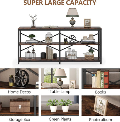 Tribesigns 70.9 Inch Extra Long Console Table, Modern Sofa Table Behind Couch Table with Storage Shelves, 3-Tier Industrial Hallway Entryway Table for Living Room, 3 Shelf Bookshelf(Brown)
